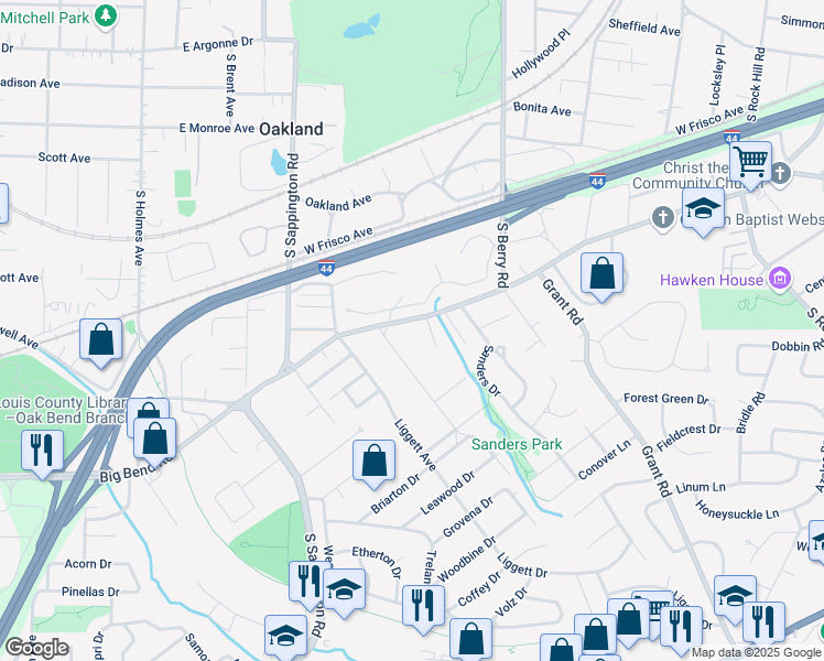 map of restaurants, bars, coffee shops, grocery stores, and more near 9624 Big Bend Road in St. Louis