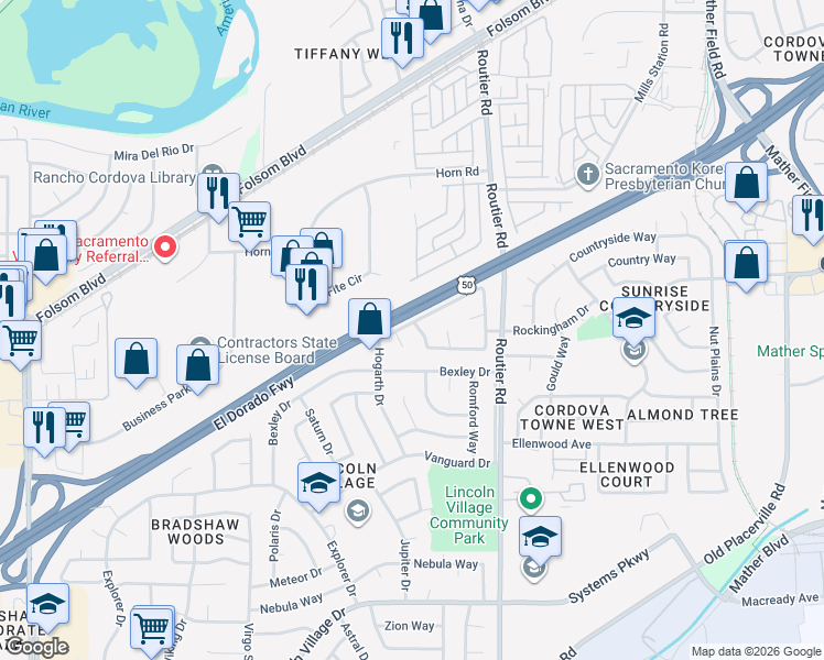 map of restaurants, bars, coffee shops, grocery stores, and more near 3201 Hogarth Drive in Sacramento