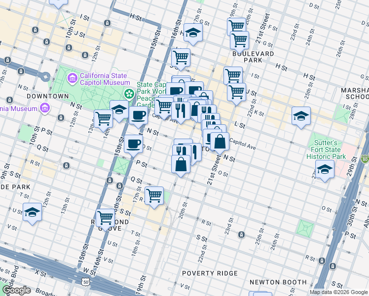 map of restaurants, bars, coffee shops, grocery stores, and more near 1830 N Street in Sacramento