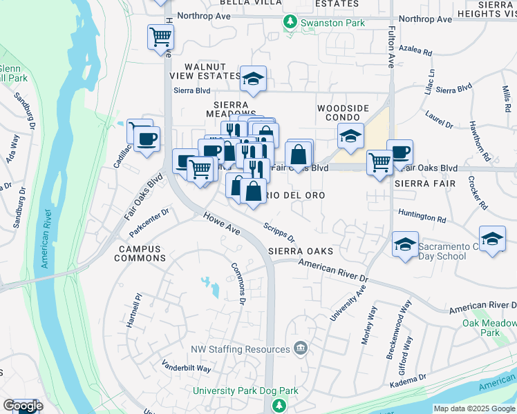 map of restaurants, bars, coffee shops, grocery stores, and more near 83 Scripps Drive in Sacramento