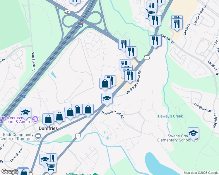 map of restaurants, bars, coffee shops, grocery stores, and more near 17530 Tripoli Boulevard in Dumfries