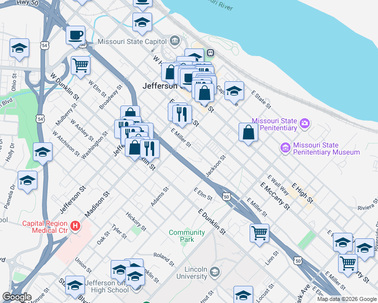 map of restaurants, bars, coffee shops, grocery stores, and more near 310 E Miller St in Jefferson City
