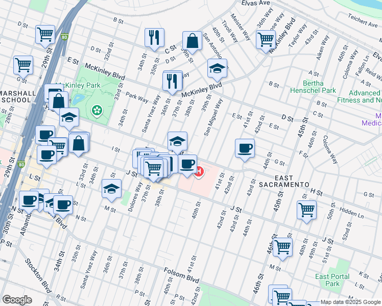 map of restaurants, bars, coffee shops, grocery stores, and more near 3901 H Street in Sacramento
