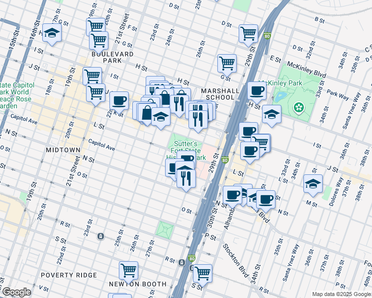 map of restaurants, bars, coffee shops, grocery stores, and more near 2701 L Street in Sacramento