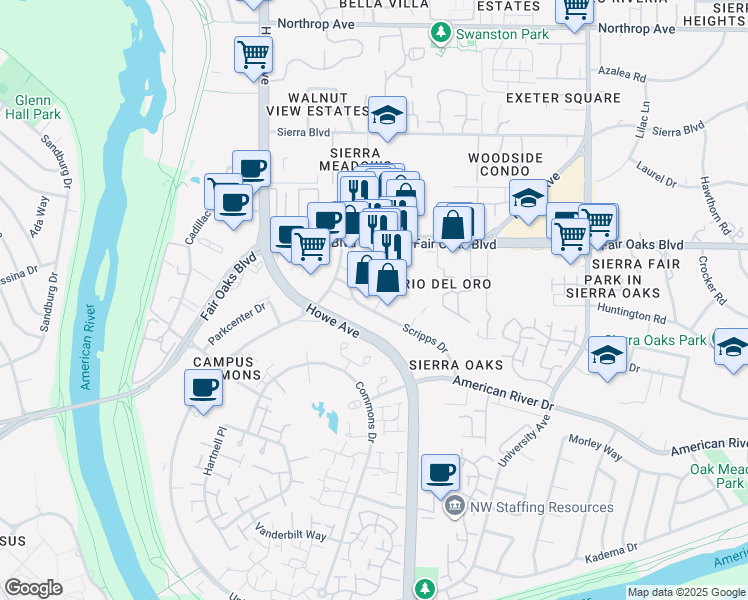 map of restaurants, bars, coffee shops, grocery stores, and more near 83 Scripps Drive in Sacramento