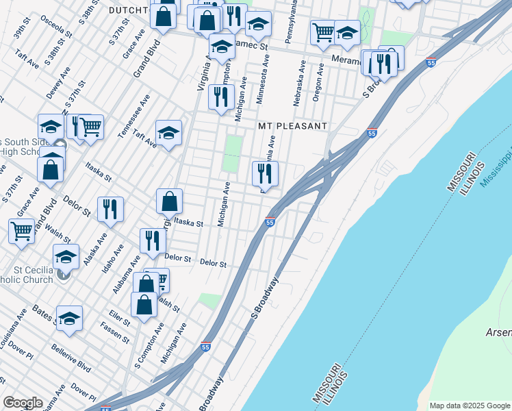 map of restaurants, bars, coffee shops, grocery stores, and more near 3014 Mount Pleasant Street in St. Louis