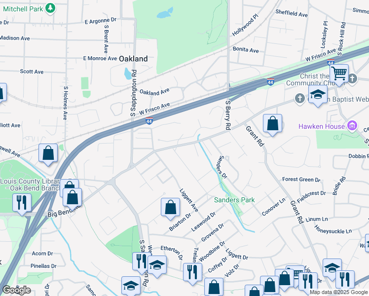 map of restaurants, bars, coffee shops, grocery stores, and more near 9624 Big Bend Road in St. Louis