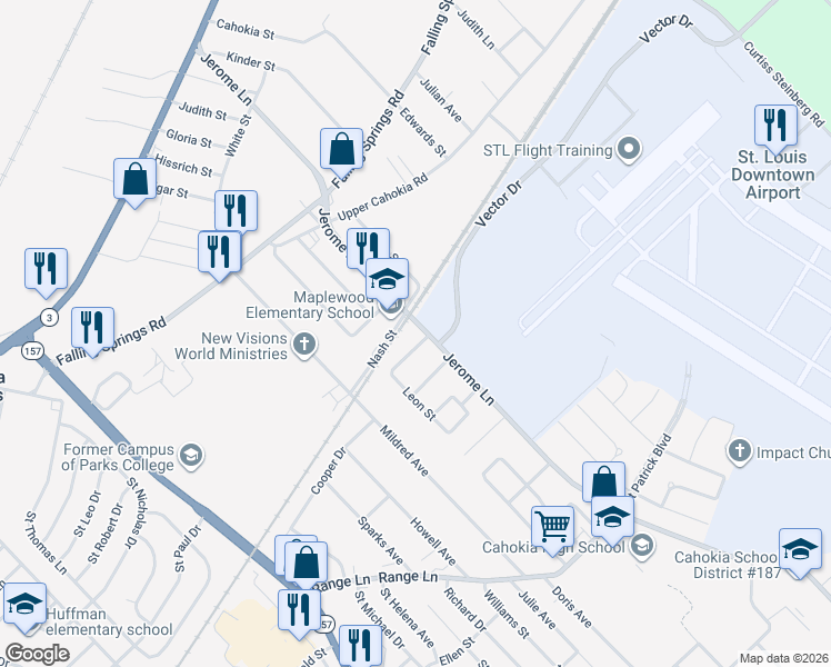 map of restaurants, bars, coffee shops, grocery stores, and more near 706 Jerome Lane in Cahokia