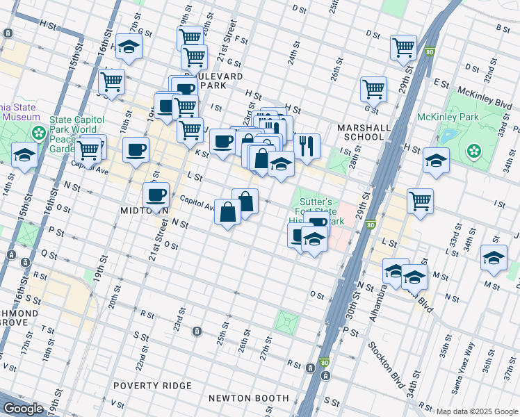 map of restaurants, bars, coffee shops, grocery stores, and more near 2430 L Street in Sacramento