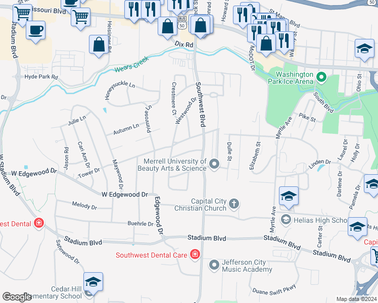 map of restaurants, bars, coffee shops, grocery stores, and more near 1815 Bassman Road in Jefferson City