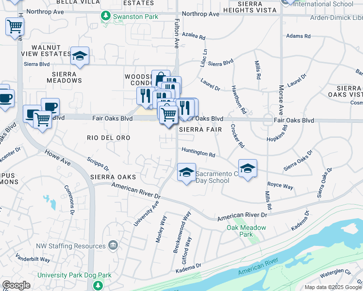 map of restaurants, bars, coffee shops, grocery stores, and more near 300 Munroe Street in Sacramento