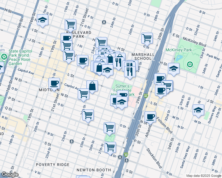 map of restaurants, bars, coffee shops, grocery stores, and more near L Street & 26th Street in Sacramento