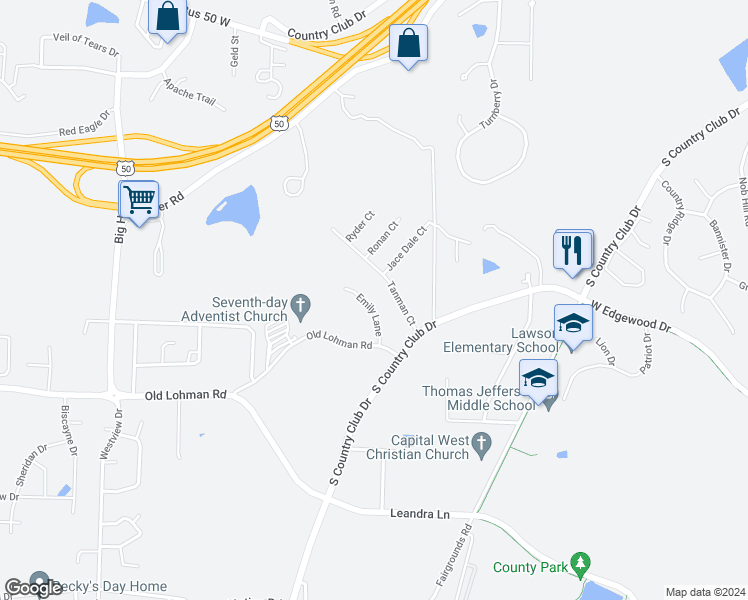 map of restaurants, bars, coffee shops, grocery stores, and more near 1037 Emily Lane in Jefferson City