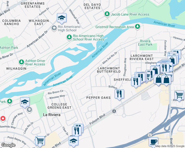 map of restaurants, bars, coffee shops, grocery stores, and more near 9406 Mira Del Rio Drive in Sacramento