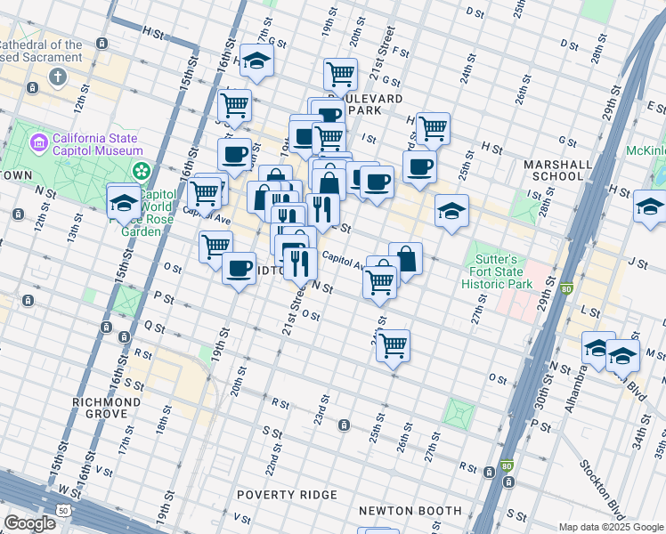 map of restaurants, bars, coffee shops, grocery stores, and more near 2150 Capitol Avenue in Sacramento