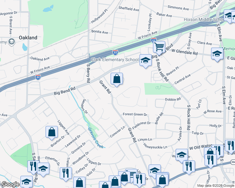 map of restaurants, bars, coffee shops, grocery stores, and more near 1353 Webster Path Drive in Webster Groves