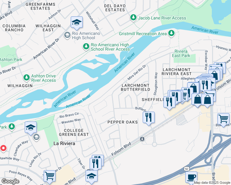 map of restaurants, bars, coffee shops, grocery stores, and more near 9406 Mira Del Rio Drive in Sacramento