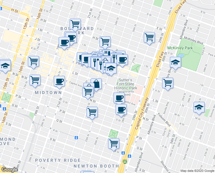 map of restaurants, bars, coffee shops, grocery stores, and more near 2430 L Street in Sacramento