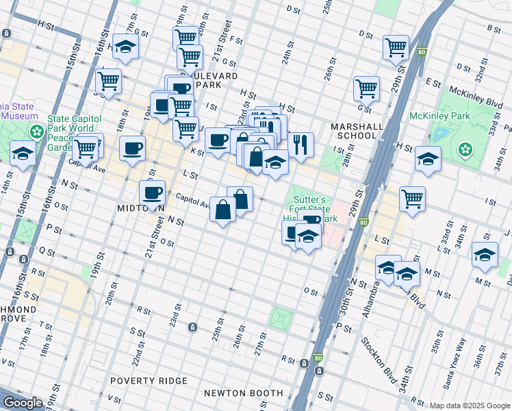 map of restaurants, bars, coffee shops, grocery stores, and more near 2430 L Street in Sacramento
