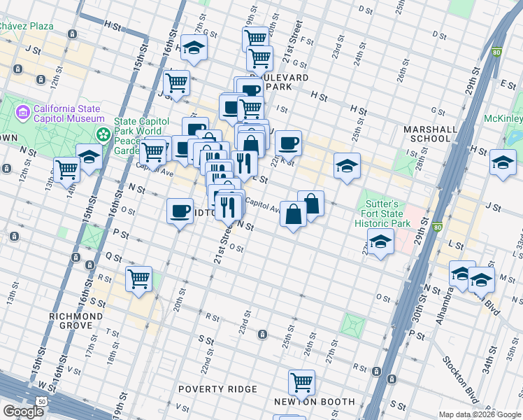 map of restaurants, bars, coffee shops, grocery stores, and more near 2150 Capitol Avenue in Sacramento