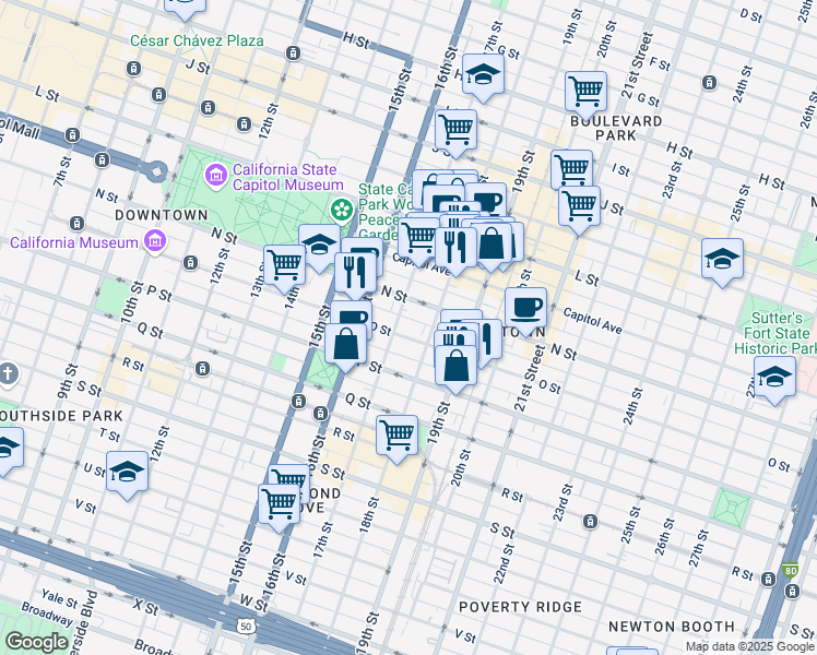 map of restaurants, bars, coffee shops, grocery stores, and more near 1414 18th Street in Sacramento