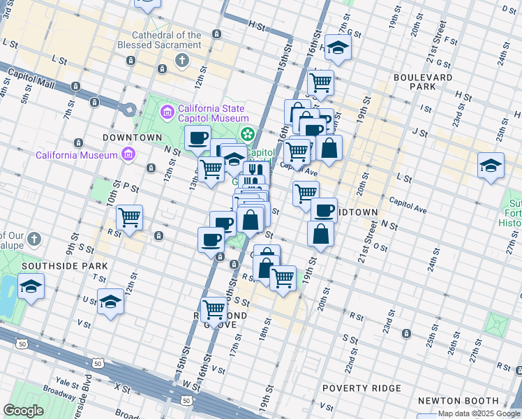 map of restaurants, bars, coffee shops, grocery stores, and more near 1520 16th Street in Sacramento