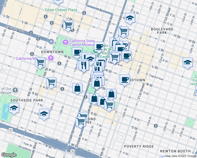 map of restaurants, bars, coffee shops, grocery stores, and more near 1520 16th Street in Sacramento