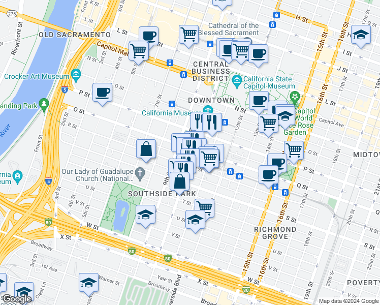 map of restaurants, bars, coffee shops, grocery stores, and more near 970 Q Street in Sacramento