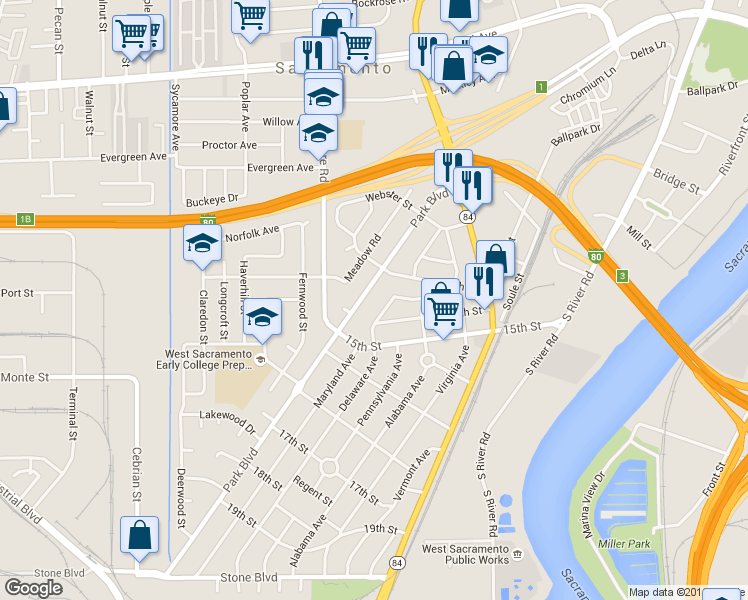 map of restaurants, bars, coffee shops, grocery stores, and more near 1121 Park Boulevard in West Sacramento