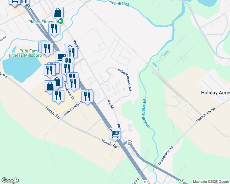 map of restaurants, bars, coffee shops, grocery stores, and more near 4301 Caitlins Way in Millsboro