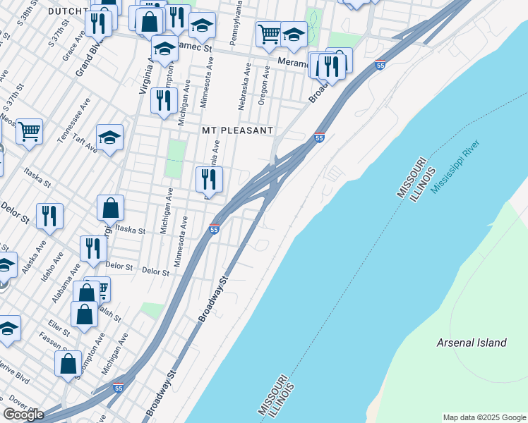 map of restaurants, bars, coffee shops, grocery stores, and more near 4600 South Broadway in St. Louis