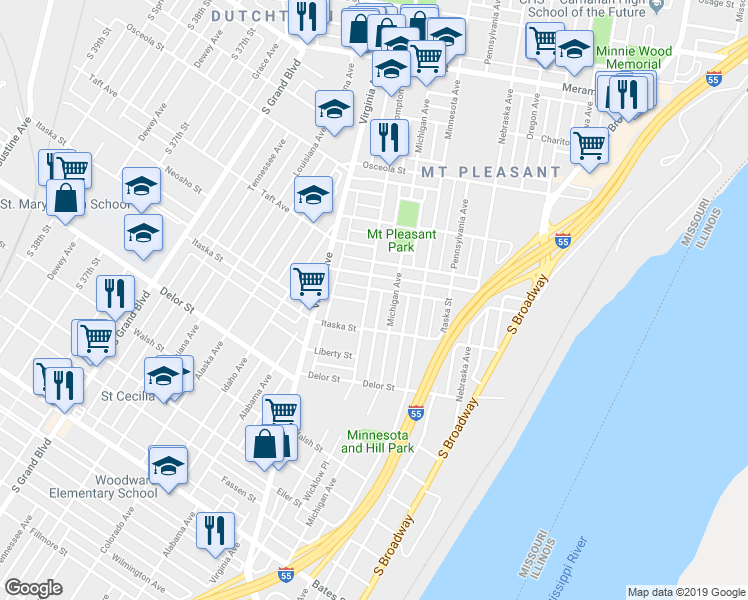 map of restaurants, bars, coffee shops, grocery stores, and more near 3201 Pulaski Street in St. Louis