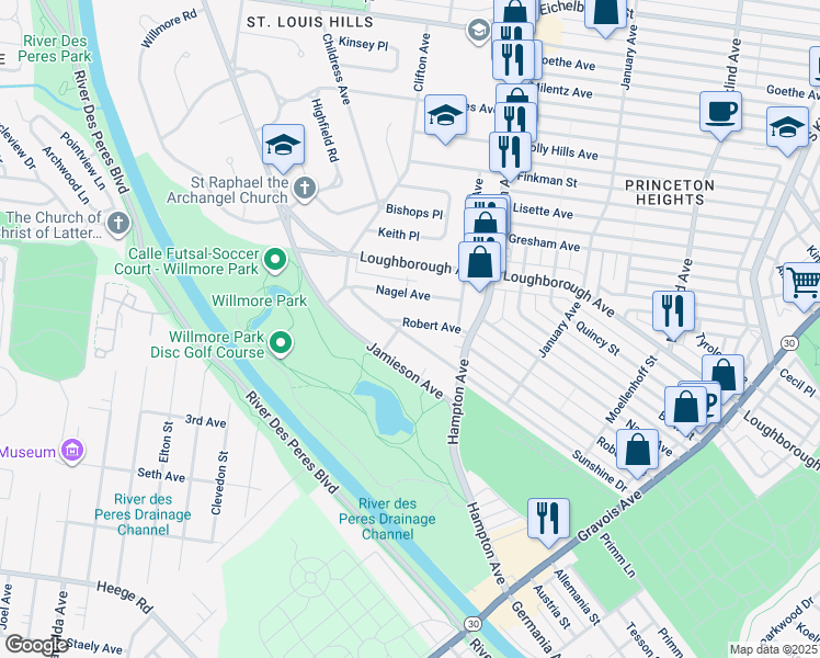 map of restaurants, bars, coffee shops, grocery stores, and more near 5881 Sunshine Drive in St. Louis