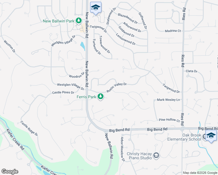 map of restaurants, bars, coffee shops, grocery stores, and more near 684 Cedar Run Drive in Ballwin