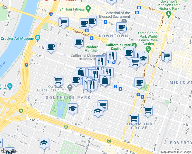 map of restaurants, bars, coffee shops, grocery stores, and more near 970 Q Street in Sacramento