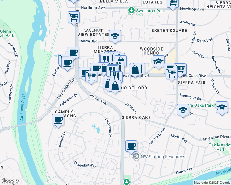 map of restaurants, bars, coffee shops, grocery stores, and more near 83 Scripps Drive in Sacramento