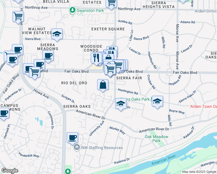 map of restaurants, bars, coffee shops, grocery stores, and more near 345 Munroe Street in Sacramento