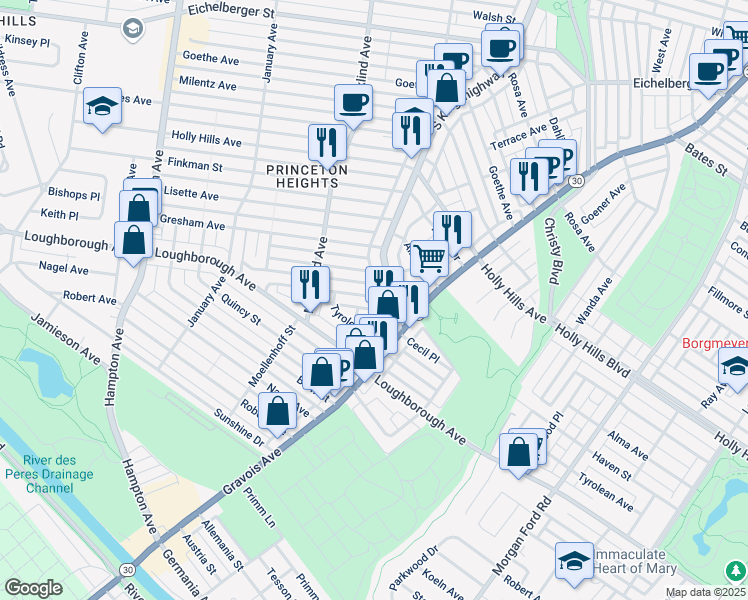 map of restaurants, bars, coffee shops, grocery stores, and more near 4920 Schollmeyer Ave in St Louis