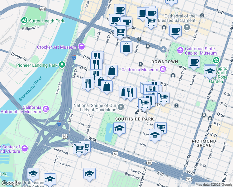 map of restaurants, bars, coffee shops, grocery stores, and more near 1800 7th Street in Sacramento