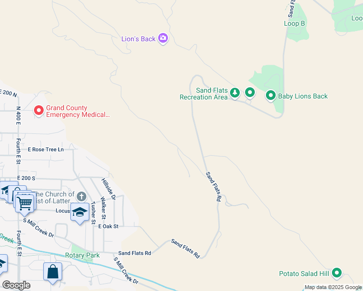 map of restaurants, bars, coffee shops, grocery stores, and more near 126 Badgers Bend in Moab