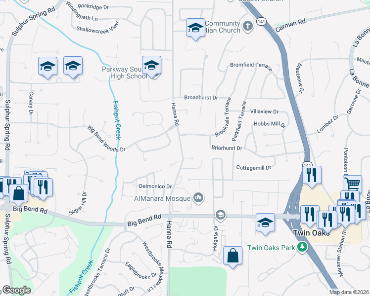 map of restaurants, bars, coffee shops, grocery stores, and more near 904 Hanna Road in Ballwin