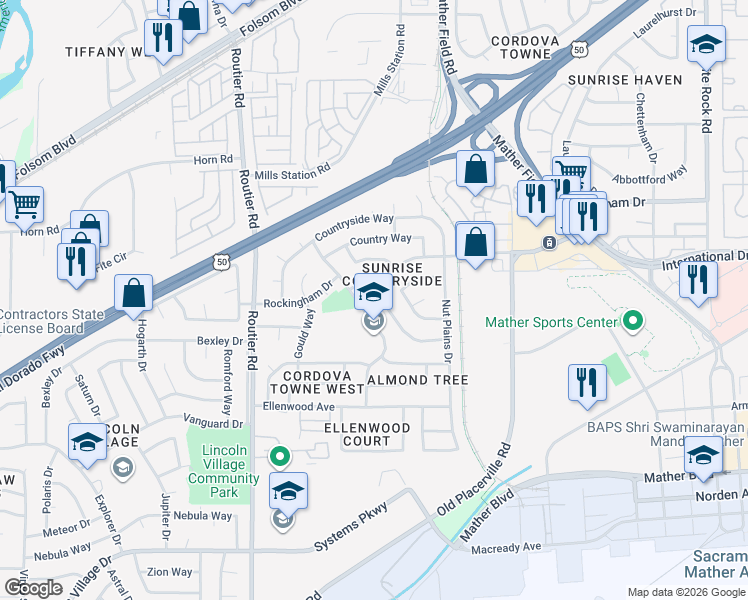 map of restaurants, bars, coffee shops, grocery stores, and more near 3312 Hartselle Way in Sacramento