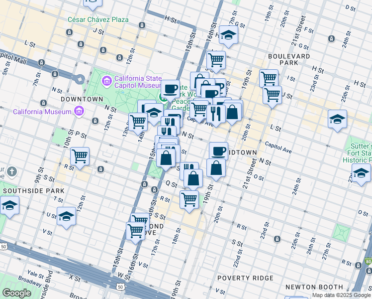 map of restaurants, bars, coffee shops, grocery stores, and more near 1629 O Street in Sacramento