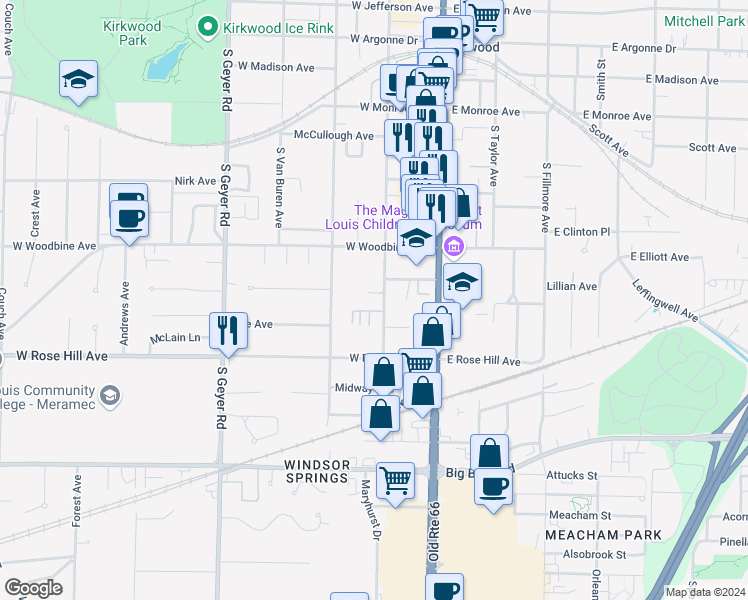 map of restaurants, bars, coffee shops, grocery stores, and more near 545 South Clay Avenue in Kirkwood