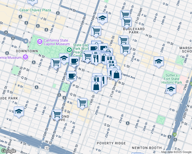 map of restaurants, bars, coffee shops, grocery stores, and more near 1818 N Street in Sacramento