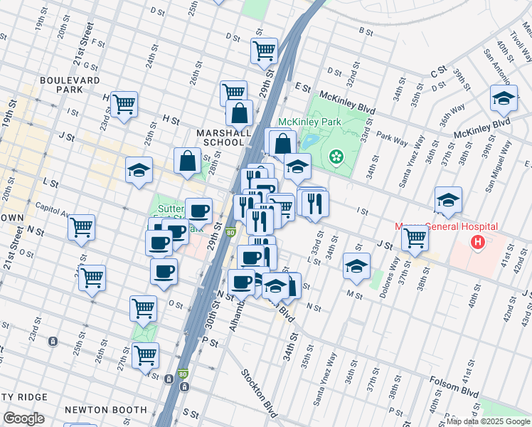 map of restaurants, bars, coffee shops, grocery stores, and more near 1014 Alhambra Boulevard in Sacramento