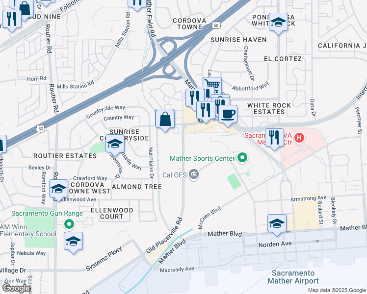 map of restaurants, bars, coffee shops, grocery stores, and more near 10470 Old Placerville Road in Sacramento