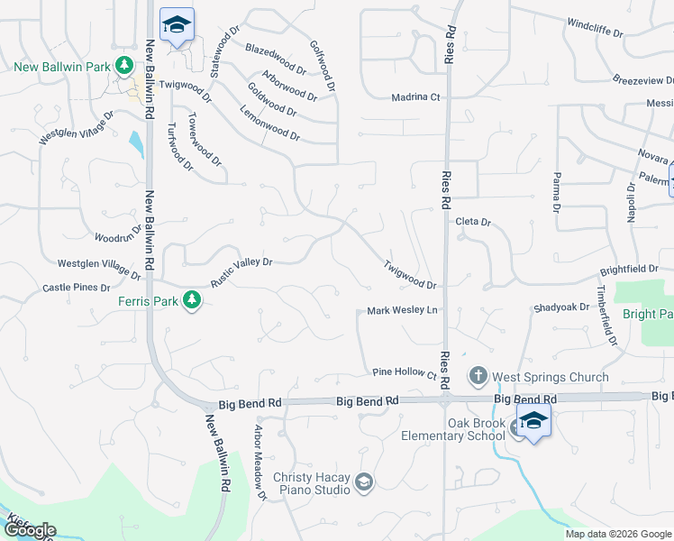 map of restaurants, bars, coffee shops, grocery stores, and more near 525 Vernal Hill Court in Ballwin