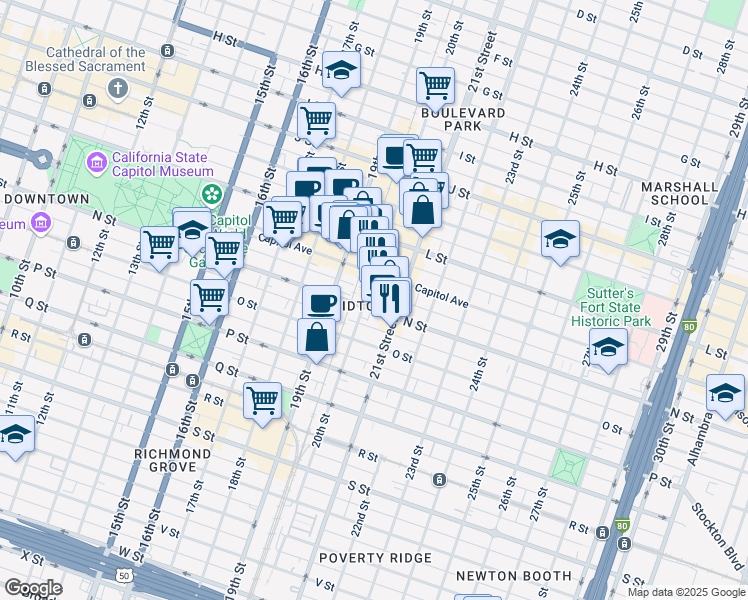 map of restaurants, bars, coffee shops, grocery stores, and more near in Sacramento