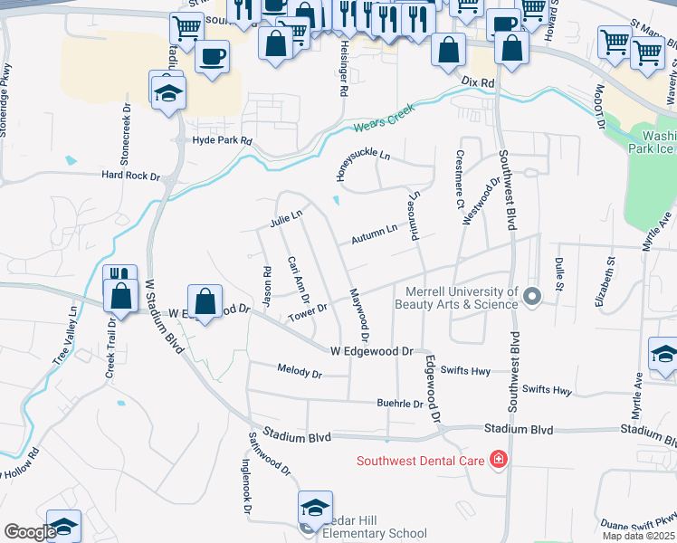 map of restaurants, bars, coffee shops, grocery stores, and more near 912 Maywood Drive in Jefferson City